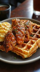 Crispy fried chicken served on top of golden waffles with a side of eggs, butter and syrup.