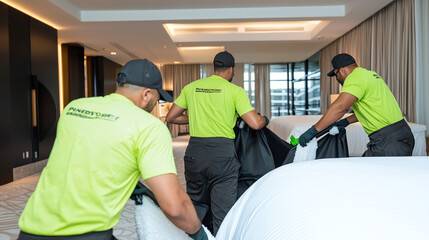 professional cleaners working as a team to deep-clean a luxury hotel suite, highlighting their attention to detail and teamwork
