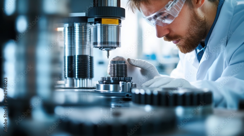 Aufkleber worker in a quality control department of an automotive parts factory, using precision instruments t