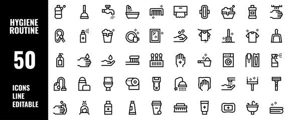 50 Hygiene Routine Icons Set Pack Line Editable Vector Illustration