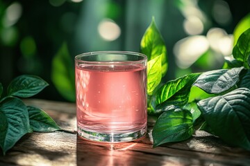 A glass of pink drink with a sun ray shining through it, placed on a wooden table surrounded by lush green leaves.