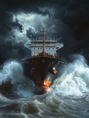 Large cargo ship plowing through stormy ocean waves under a dark, ominous sky during a powerful storm at sea.