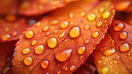 Close-up of water droplets on red autumn leaves.