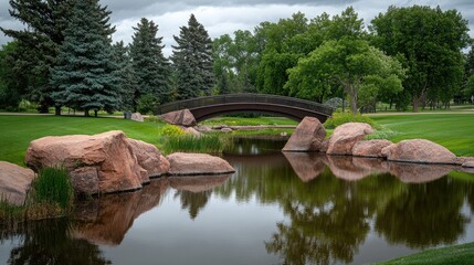 A wooden bridge spans a calm lake in a picturesque park, surrounded by lush trees and vibrant foliage, offering a peaceful spot for leisure and contemplation