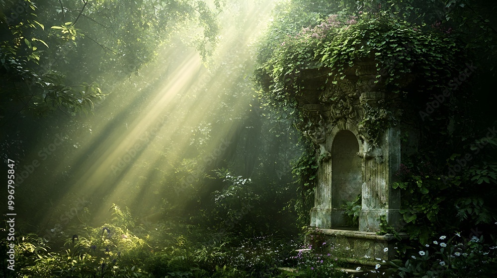 Poster ethereal hidden alcove in a lush verdant forest with ornate overgrown stone structure illuminated by