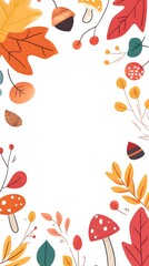 
A vector illustration of hand-drawn, cute autumn leaves, mushrooms, and acorns in the bottom border on a white background.
