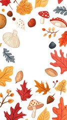 
A vector illustration of hand-drawn, cute autumn leaves, mushrooms, and acorns in the bottom border on a white background.