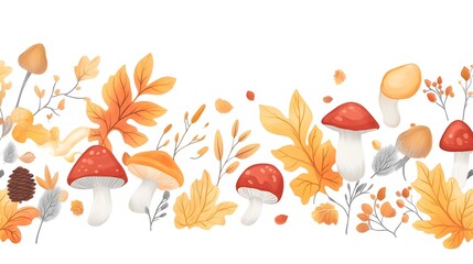 
A vector illustration of hand-drawn, cute autumn leaves, mushrooms, and acorns in the bottom border on a white background.