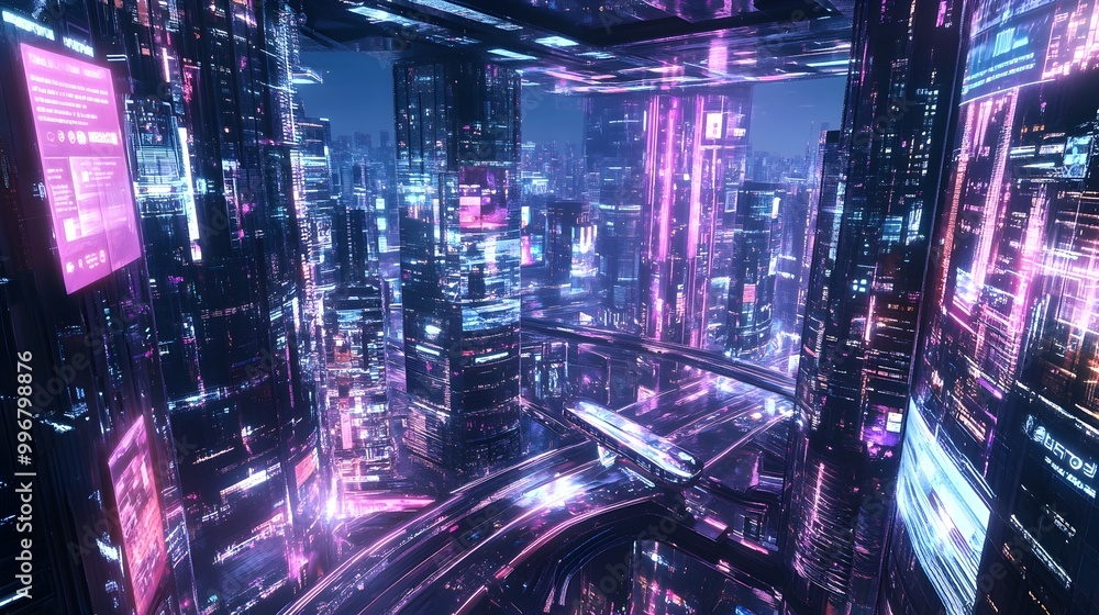 Poster expansive panoramic view of a streamlined retrofuturistic virtual shopping mall on cyber monday feat