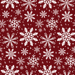 Print. A seamless pattern of hand-drawn snowflakes on a vibrant red background. The snowflakes are intricate and detailed, perfect for a winter-themed design texture. Vector illustration.