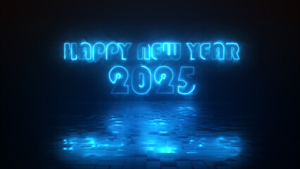 Glowing neon text happy new year 2025. Abstract neon 2025 Happy New Year digital banner background.
