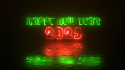 Glowing neon text happy new year 2025. Abstract neon 2025 Happy New Year digital banner background.
