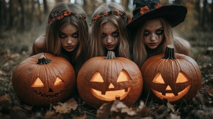 Halloween Witches and Pumpkins in Spooky Autumn Forest