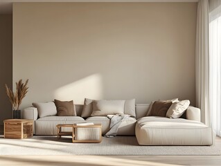 Cozy and Inviting Modern Living Room with Large Comfortable Sectional Sofa and Minimalist Stylish Decor Complementary Accent Walls Natural Wooden Furniture and Soft Textiles