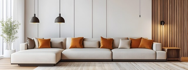 Cozy and Inviting Modern Living Room with Large Comfortable Sectional Sofa and Minimalist Stylish Decor Bright Color Accents and Natural Wood Tones Bringing Warmth Detailed Digital