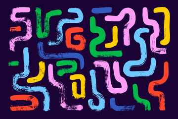 Curly abstract shapes in doodle grunge style. Colorful wavy bold lines with dirty rough texture. Vector geometric, chaotic design elements. Brush strokes, lines.