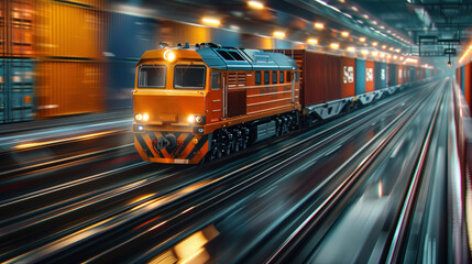Obraz premium Train carrying containers for business logistics and transportation, movement. Train container transportation for import and export. Cargo delivery by land transport.