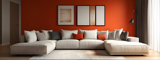 Cozy and Inviting Modern Living Room with Large Comfortable Sectional Sofa Minimalist Decor Bright Accent Wall and Contemporary Artwork Creating a Cinematic Lighting and Composition in Digital
