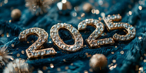 New Year 2025 numbers with diamonds on blue velvet fabric background