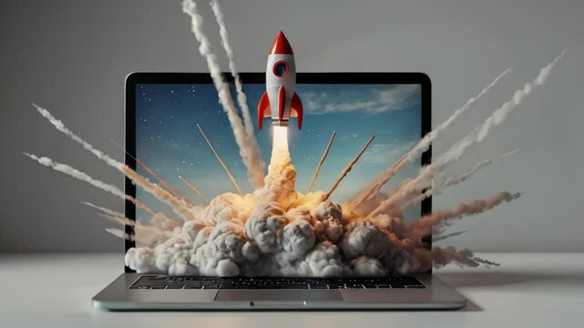 Detailed image of a laptop launching a rocket, capturing the essence of innovation and technology with a dynamic 3D render. AI Generated.	