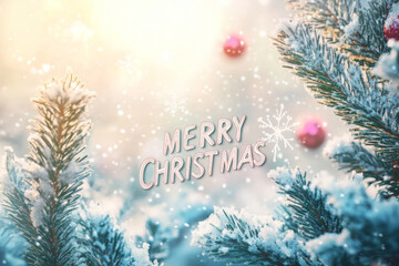 Merry Christmas text with snowflakes on Christmas tree branches background