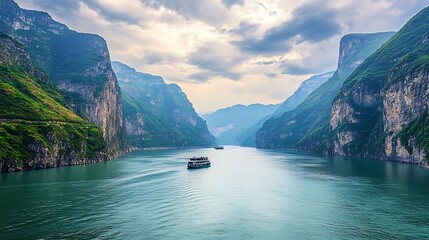 Cruise ships navigate a scenic river canyon with towering cliffs and lush green slopes.