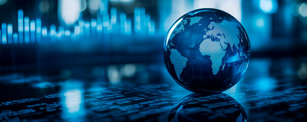 Glass globe on a stock market graph background with copy space, in a blue color theme.