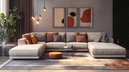 Cozy and Inviting Modern Living Room with Large Comfortable Sectional Sofa Minimalist Stylish Decor Bold Color Accents Abstract Cubist Fragmentation Hyper Detailed Photogrammetry