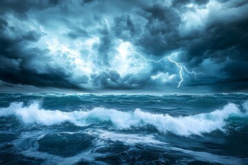storm above the ocean in the night with a lot of waves	