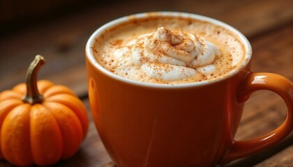 Obraz premium Pumpkin spice latte in orange mug with whipped cream and cinnamon beside small pumpkin, cozy setting, copy space
