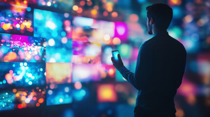 Young man interacting with digital screen with colorful lights, streaming technology concept