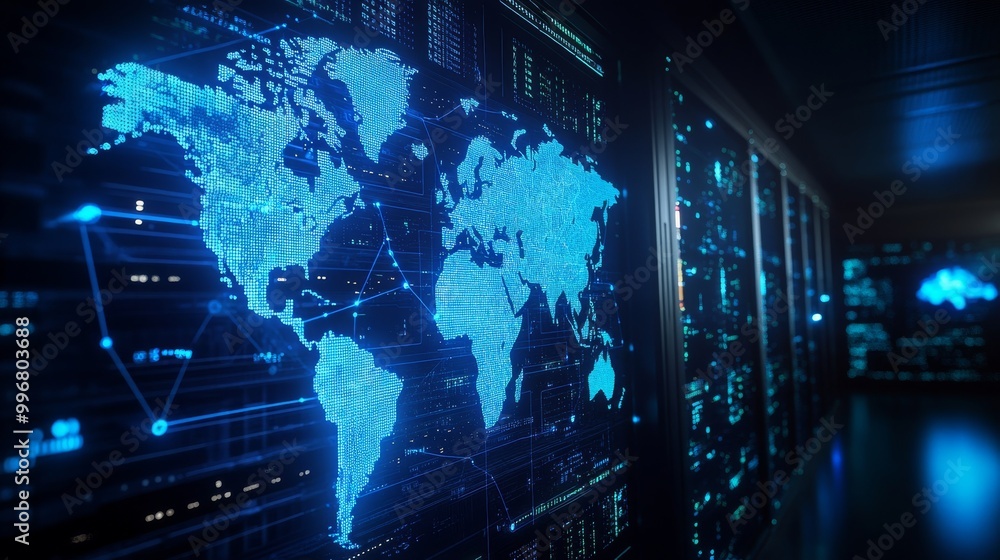 Aufkleber a high-tech digital world map glows in blue, set against a backdrop of advanced data servers in a mo