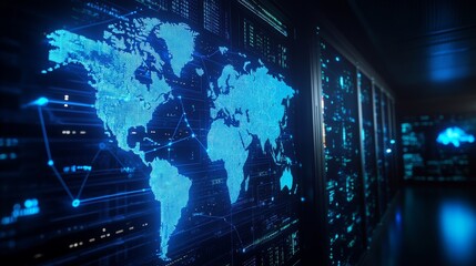 A high-tech digital world map glows in blue, set against a backdrop of advanced data servers in a modern technological environment. The focus is on global connectivity and innovation
