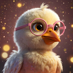 A sweet and imaginative portrayal of a cartoon chick with large, emotive eyes and a small orange beak