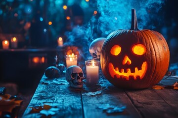 Halloween pumpkin jack-o'-lantern with candles and skulls on the table