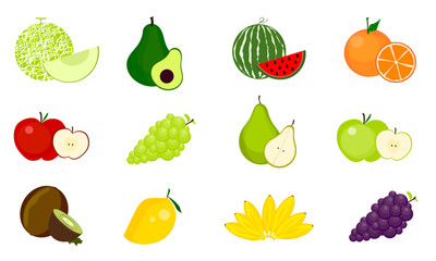 Fresh fruits collection. Set of fruits vector isolated. Melon, avocado, watermelon, cantaloupe, orange, apple, white grapes, black grapes, pear, green and red apple, kiwi, mango, banana. 