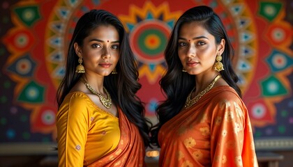 Naklejka premium Indian Women Joyfully Celebrating Diwali Festival in Vibrant Sarees with Diyas