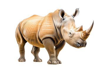 Fototapeta premium A beautifully rendered rhinoceros standing majestically, showcasing its distinct features and textured skin in a stunning pose, transparent background.