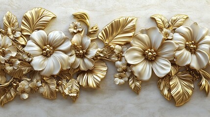 Exquisite white gold floral border jewelry with grandiose golden flower motifs sumptuous petal and leaf elements lustrous metallic surfaces