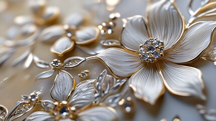 Fototapeta premium Exquisite white gold floral border jewelry with intricate gold floral designs ornate petal and foliage accents radiant metallic finishes refined Art Nouveau craftsmanship