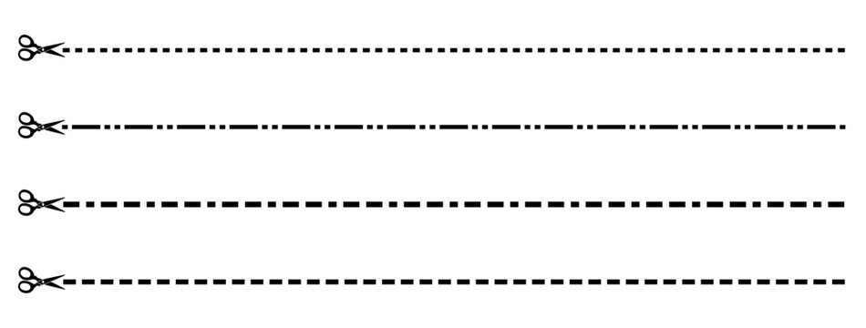 Set of cutting line with scissors icon isolated on a transparent or white background, vector illustration. Design featuring dashed lines and cutting symbol.