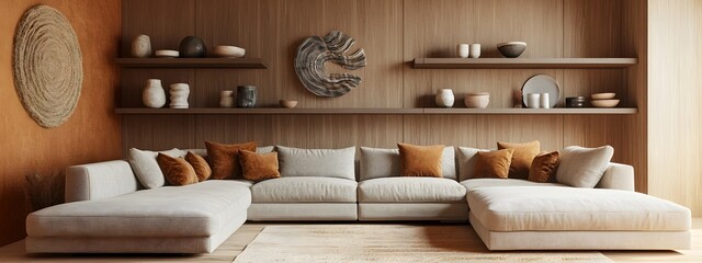Cozy and Inviting Modern Living Room with Large Comfortable Sectional Sofa Minimalist Stylish Decor Warm Wood Tones Plush Velvet Cushions