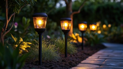 A row of solar powered pathway lights illuminate a walkway in a garden at dusk.