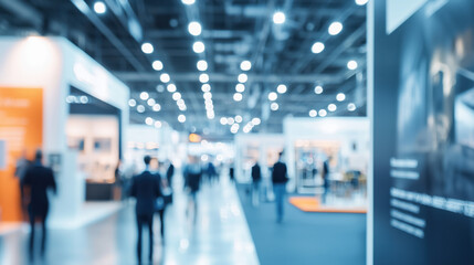 Blurred background of a business exhibition with exhibit booths at a convention center with people walking around looking at exhibits with orange signage.