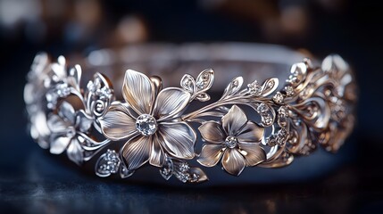 Obraz premium Exquisite white gold floral bracelet with lush interwoven flower and vine motif ornate filigree and granulation detailing dazzling gemstone accents masterfully crafted by a skilled artisan