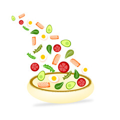 Salmon salad with fresh vegetable bowl. Chopped salad ingredient, salmon, tomatoes, avocado, egg boiled, green salad. Healthy nutrition menu. Vector illustration. Flying vegetable. Healthy food.