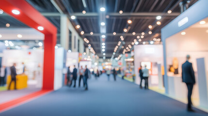Blurred background of a business exhibition with exhibit booths at a convention center with people walking around looking at exhibits with red exhibit on left.