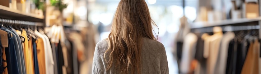 A person with long hair shops in a trendy boutique, admiring stylish clothing and enjoying a relaxing shopping experience.