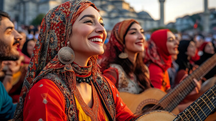 Obraz premium A cultural celebration in Istanbuls streets, with traditional Turkish music and dance in front of centuries-old architecture