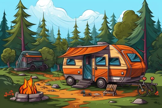 Fully equipped campsite featuring a tent and caravan in a scenic outdoor setting